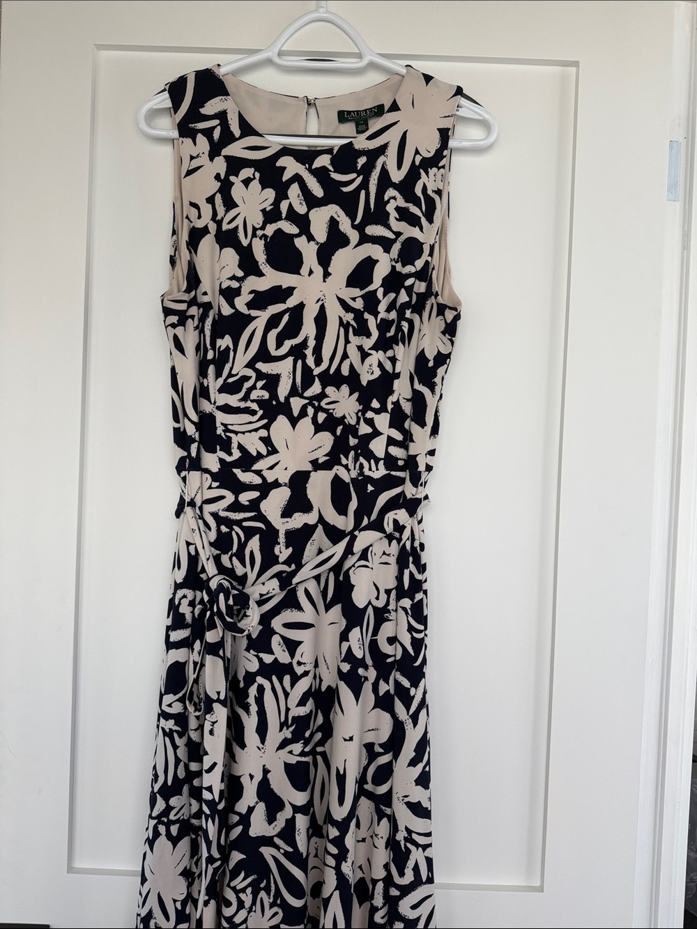 Lauren Ralph Lauren Black and Cream Floral Midi Dress with Side Tie